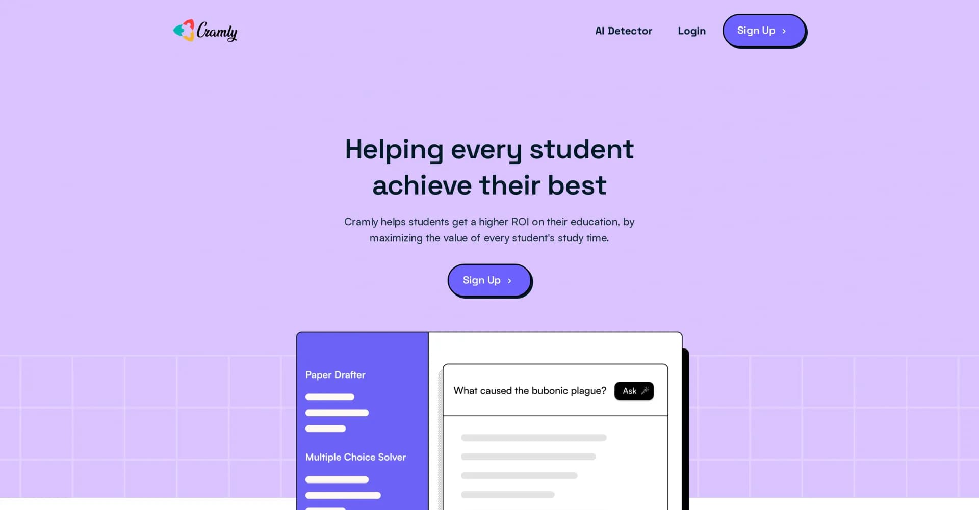 Cramly.ai homepage screenshot — Maximize study time ROI with AI-powered learning tools.