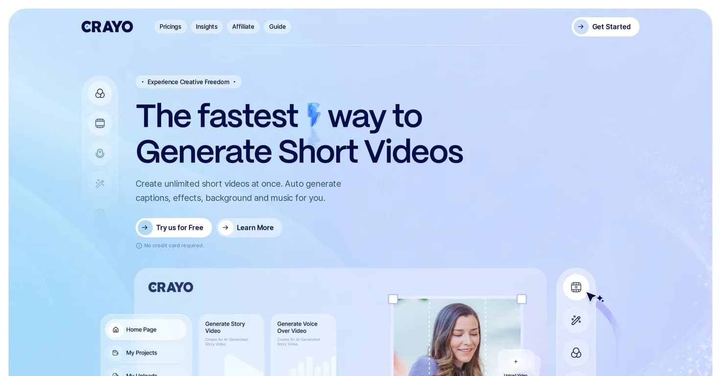 Crayo homepage screenshot — Create viral TikTok clips in seconds with AI