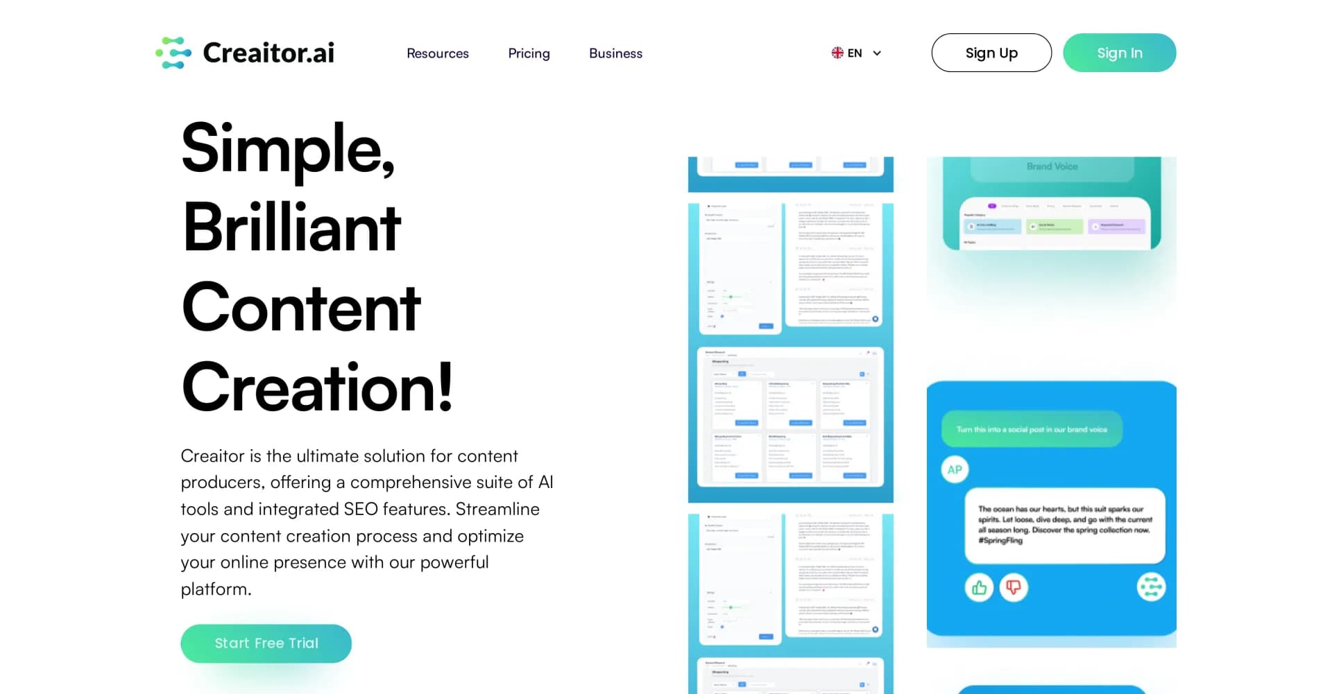 Creaitor homepage screenshot — Supercharge content creation with AI-powered SEO tools.