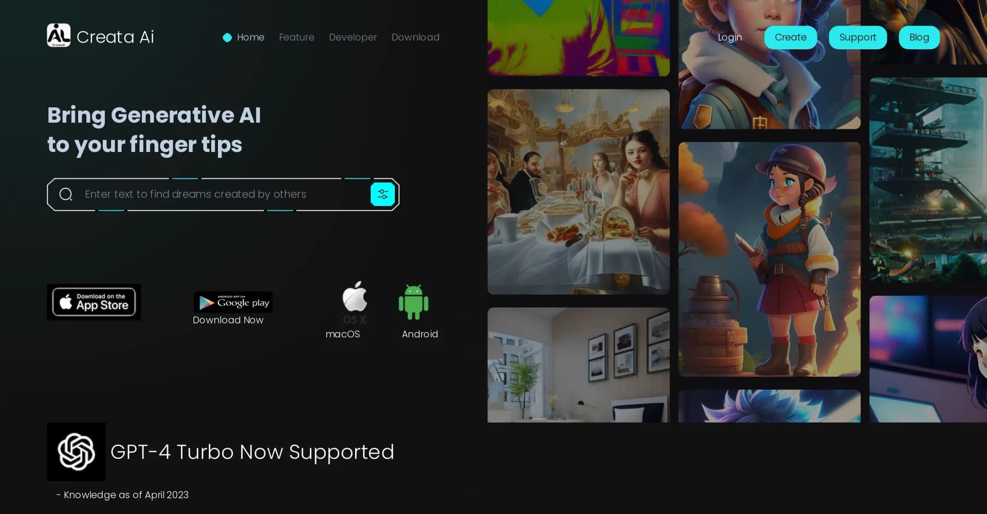 CreataAI homepage screenshot — Bring generative AI to your fingertips