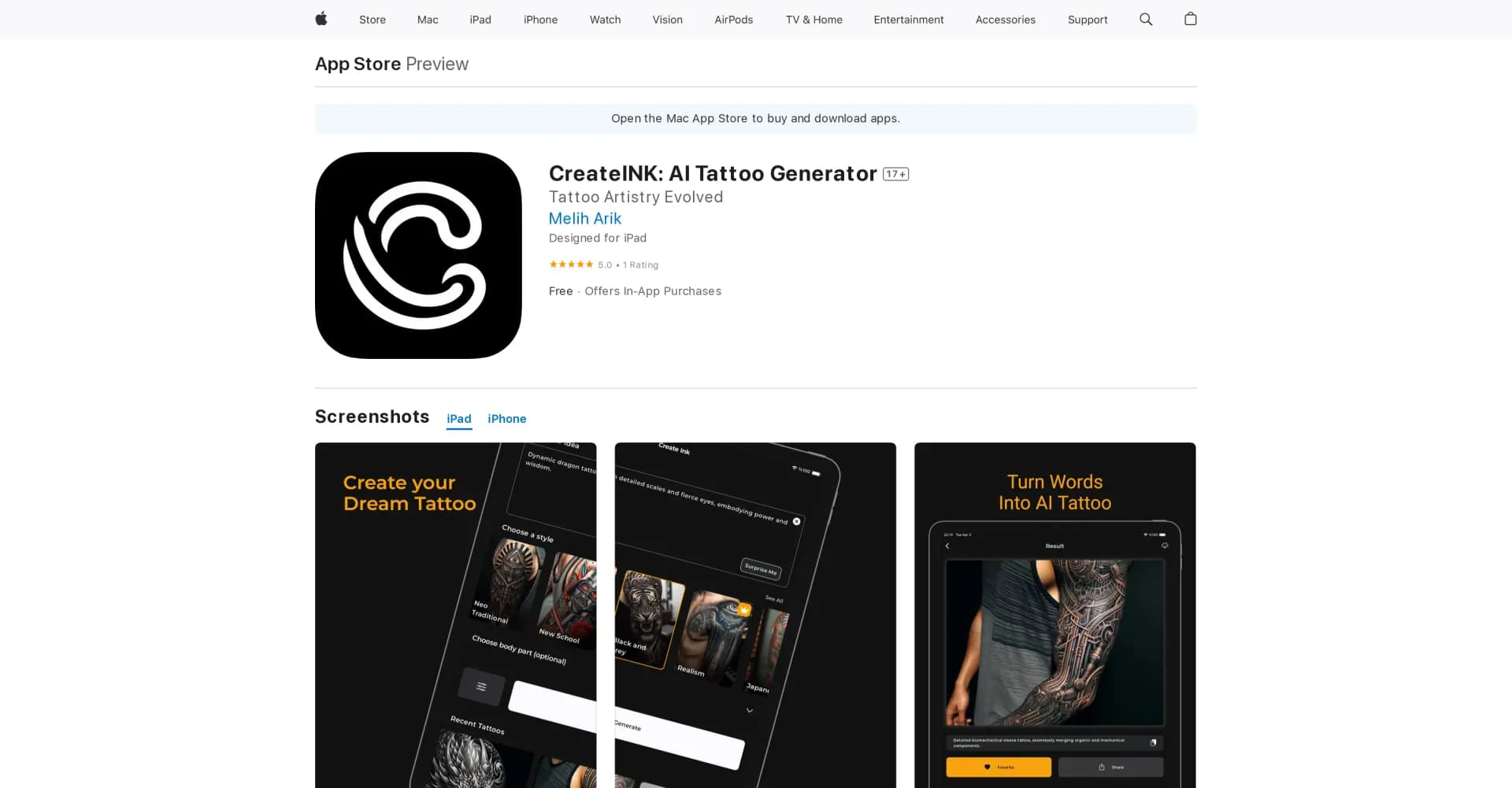 CreateINK homepage screenshot — Generate stunning tattoos with AI.