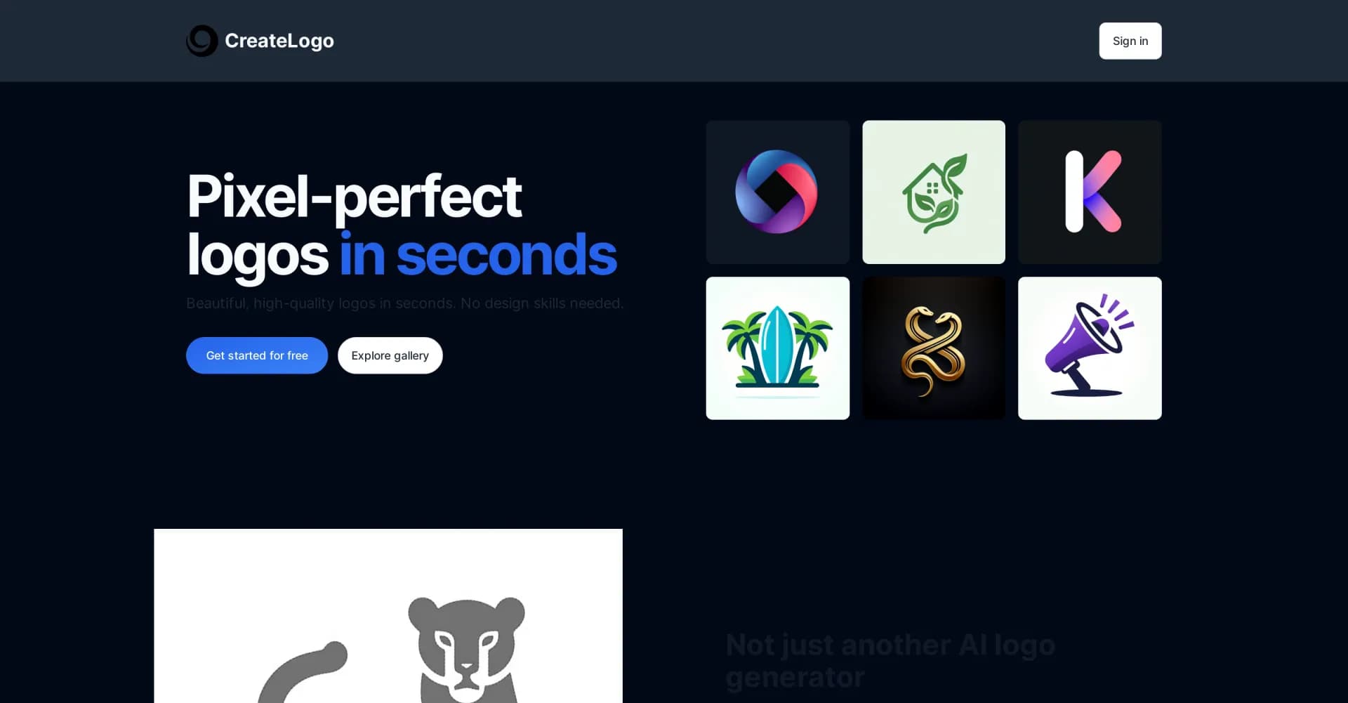 CreateLogo homepage screenshot — PIXEL-PERFECT LOGOS IN SECONDS