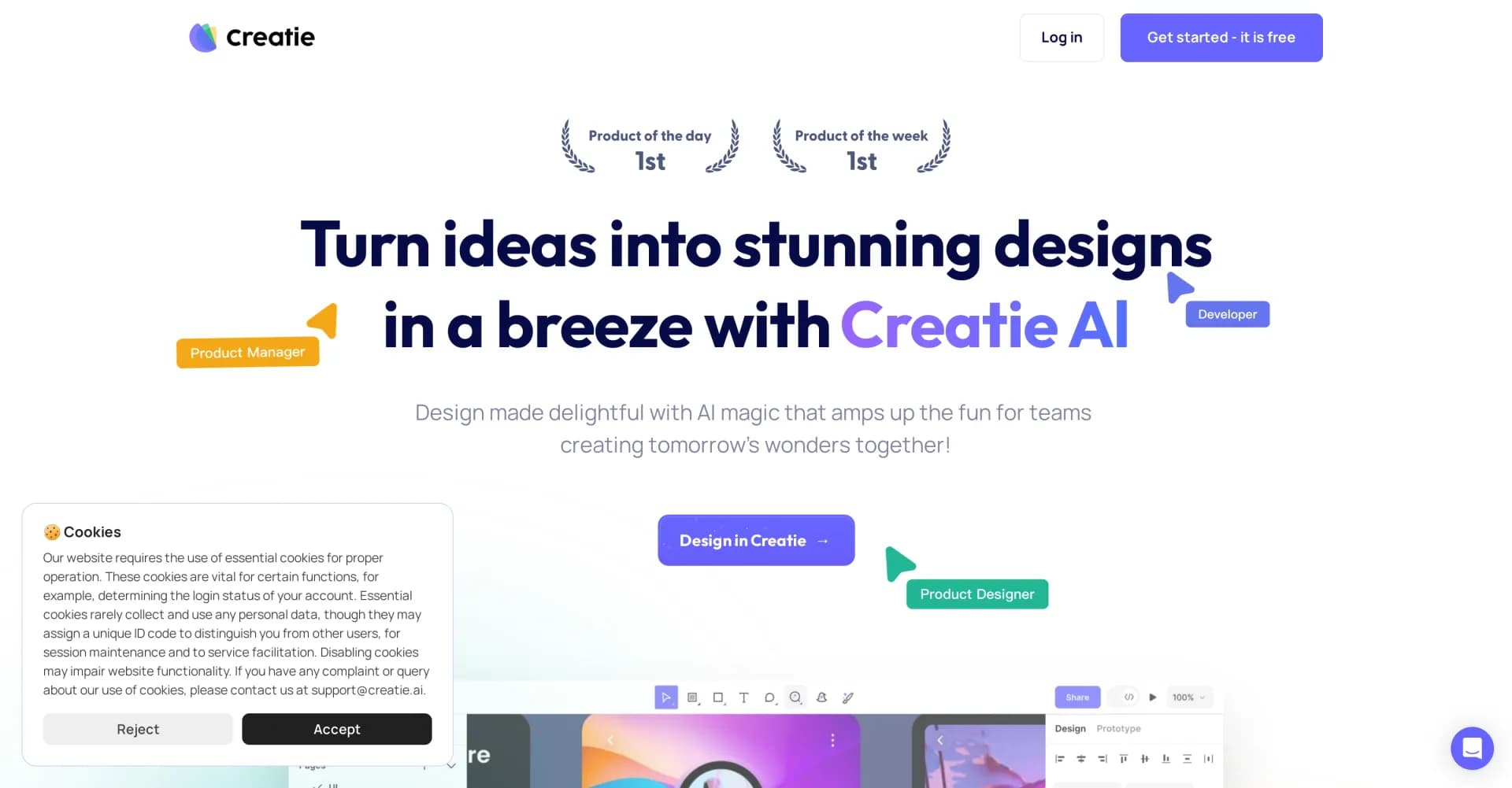Creatie homepage screenshot — AI-powered design magic for creatives.