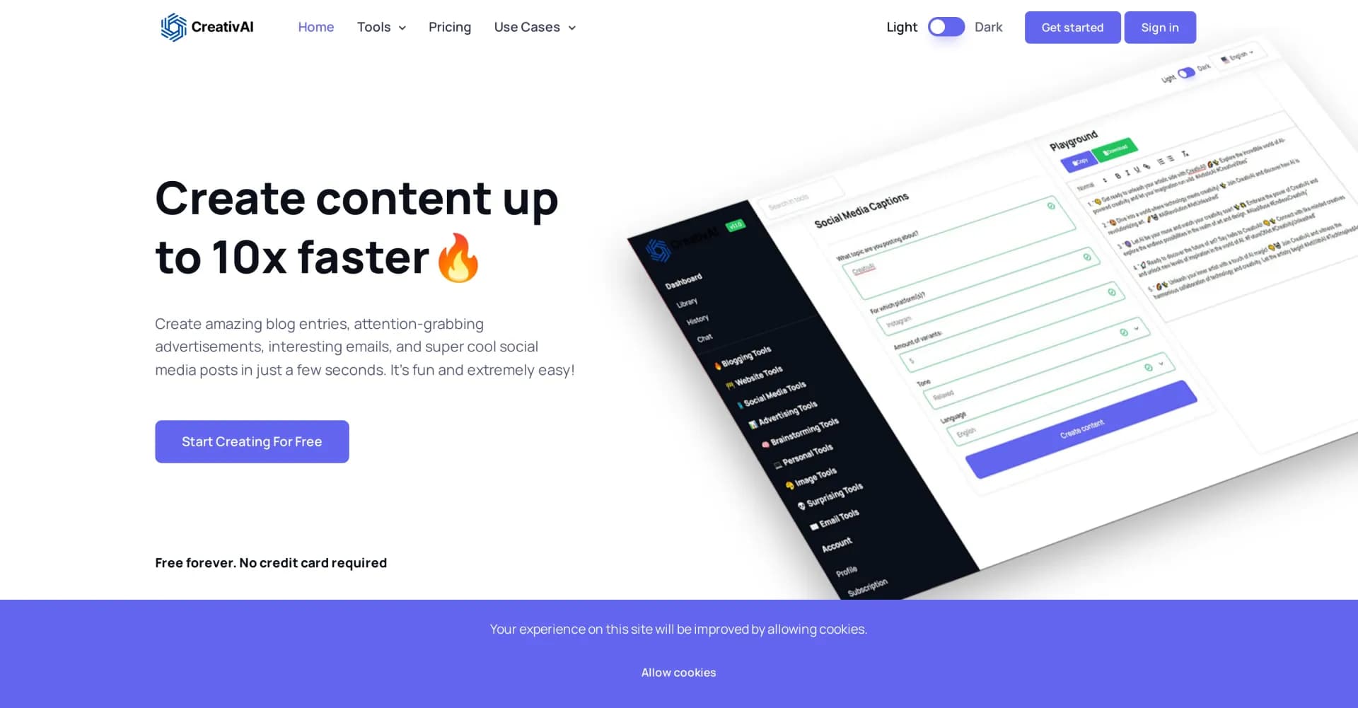 CreativAI homepage screenshot — Write up to 10x faster with AI