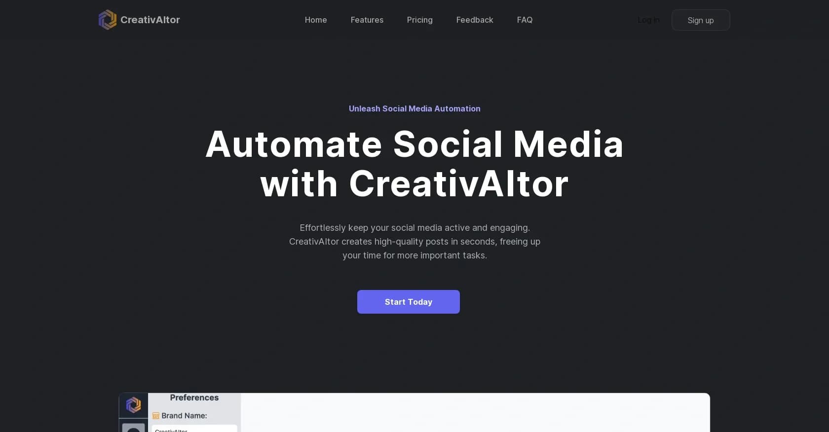 CreativAItor homepage screenshot — Automate social media with AI-powered posts.
