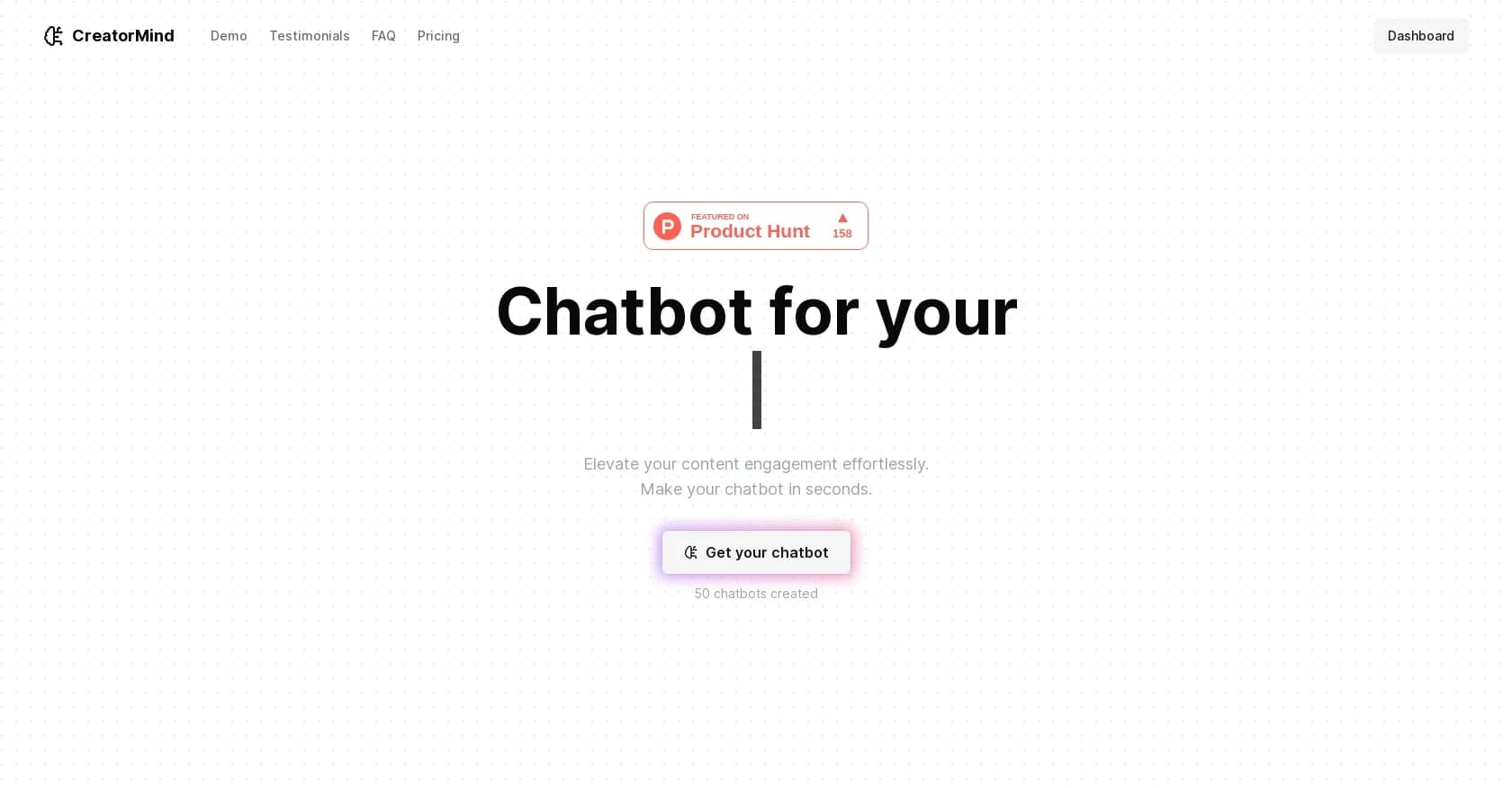 Creatormind homepage screenshot — Create a chatbot for your content in seconds