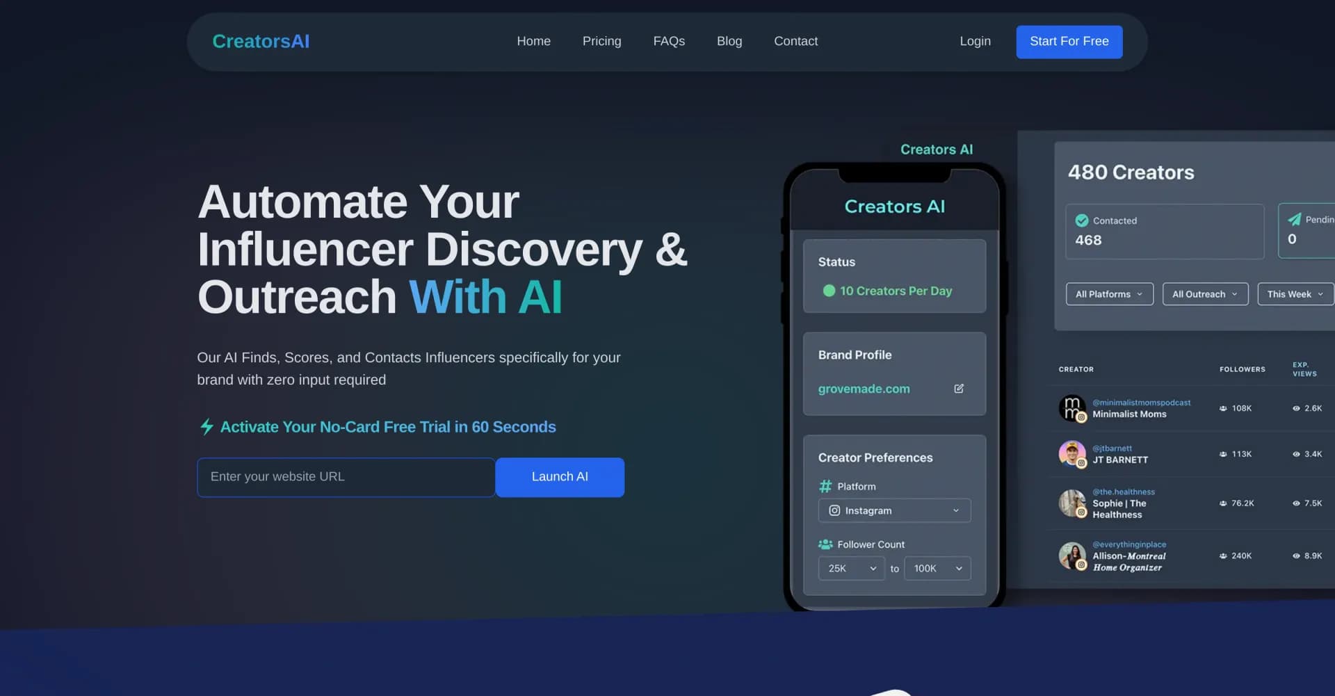 Creators AI homepage screenshot — Automate influencer discovery and outreach effortlessly.