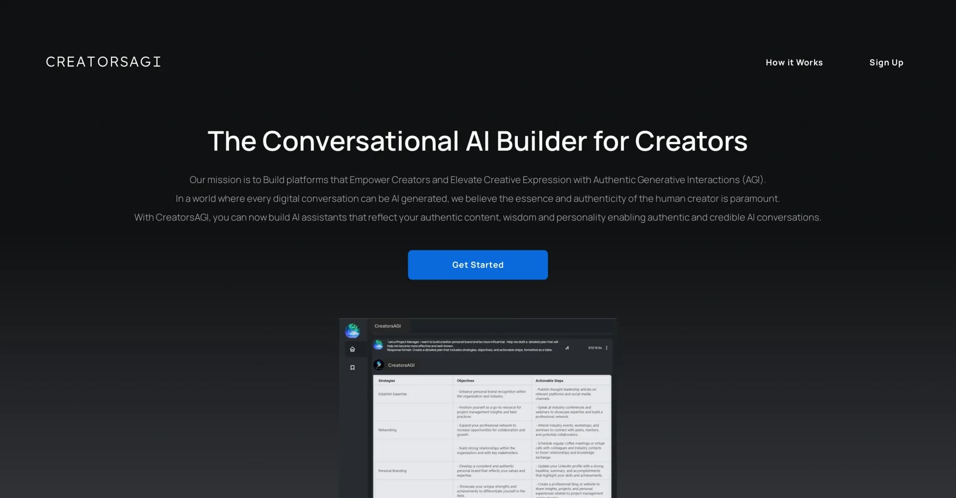 CreatorsAGI homepage screenshot — Create AI assistants that embody your authentic voice.