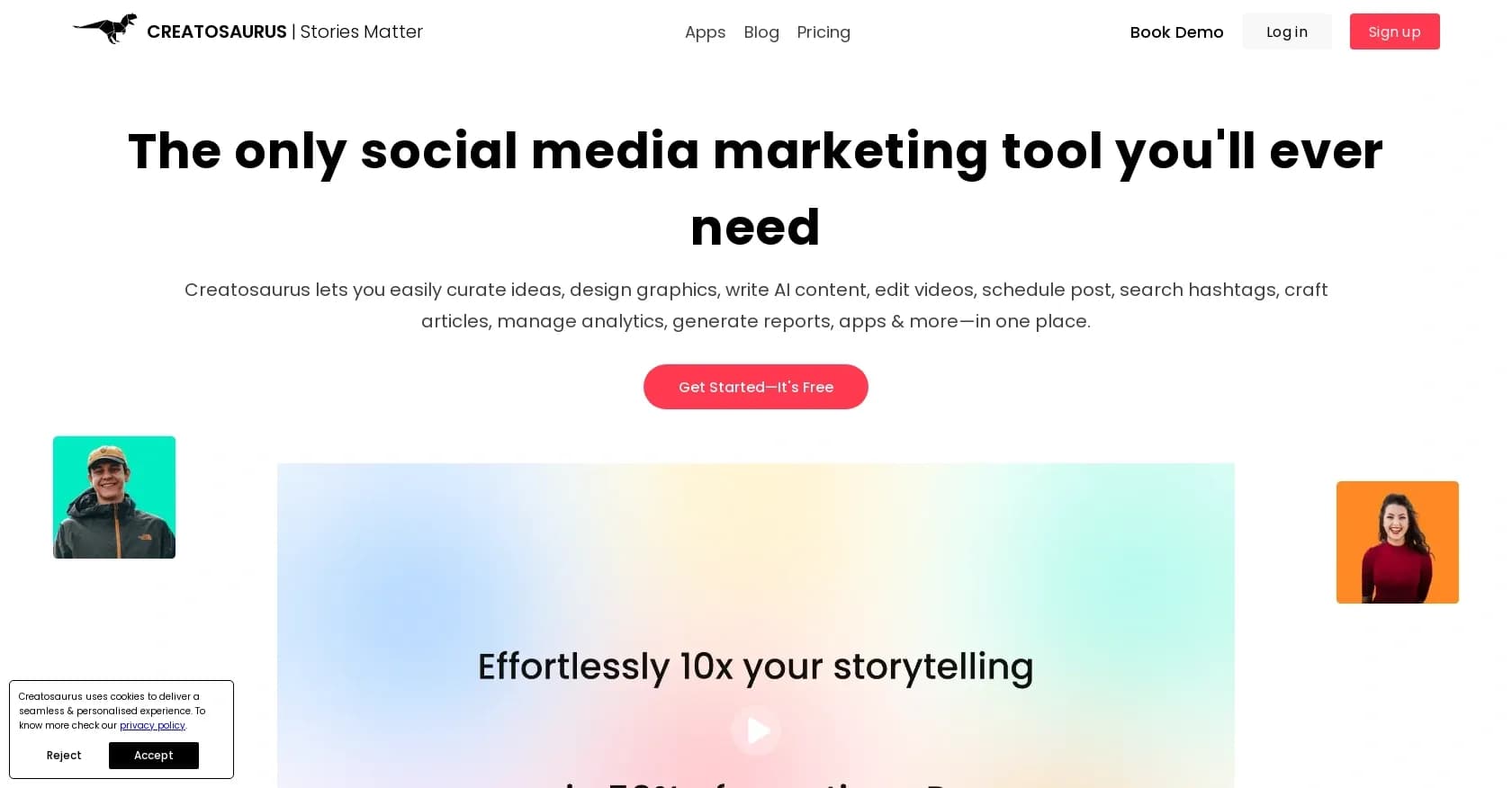 Creatosaurus homepage screenshot — Streamline marketing workflows from curation to analytics.
