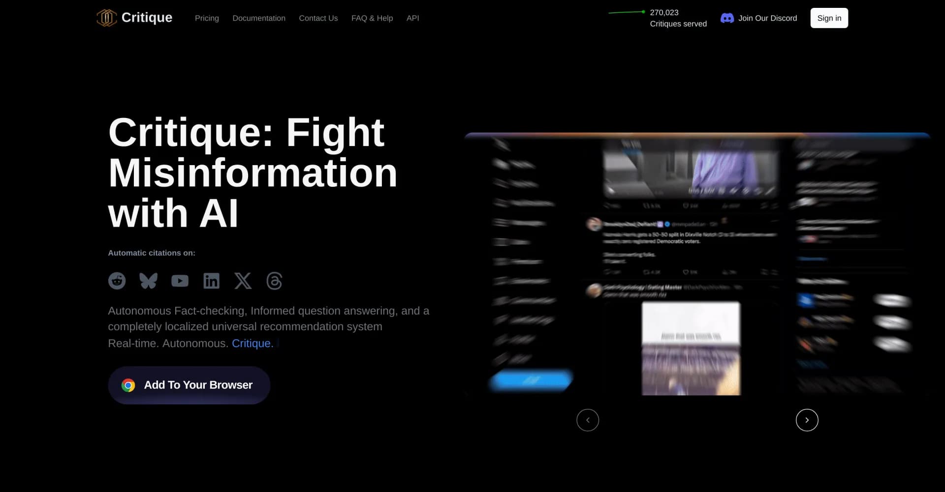 Critique homepage screenshot — Fight misinformation with AI-powered fact-checking