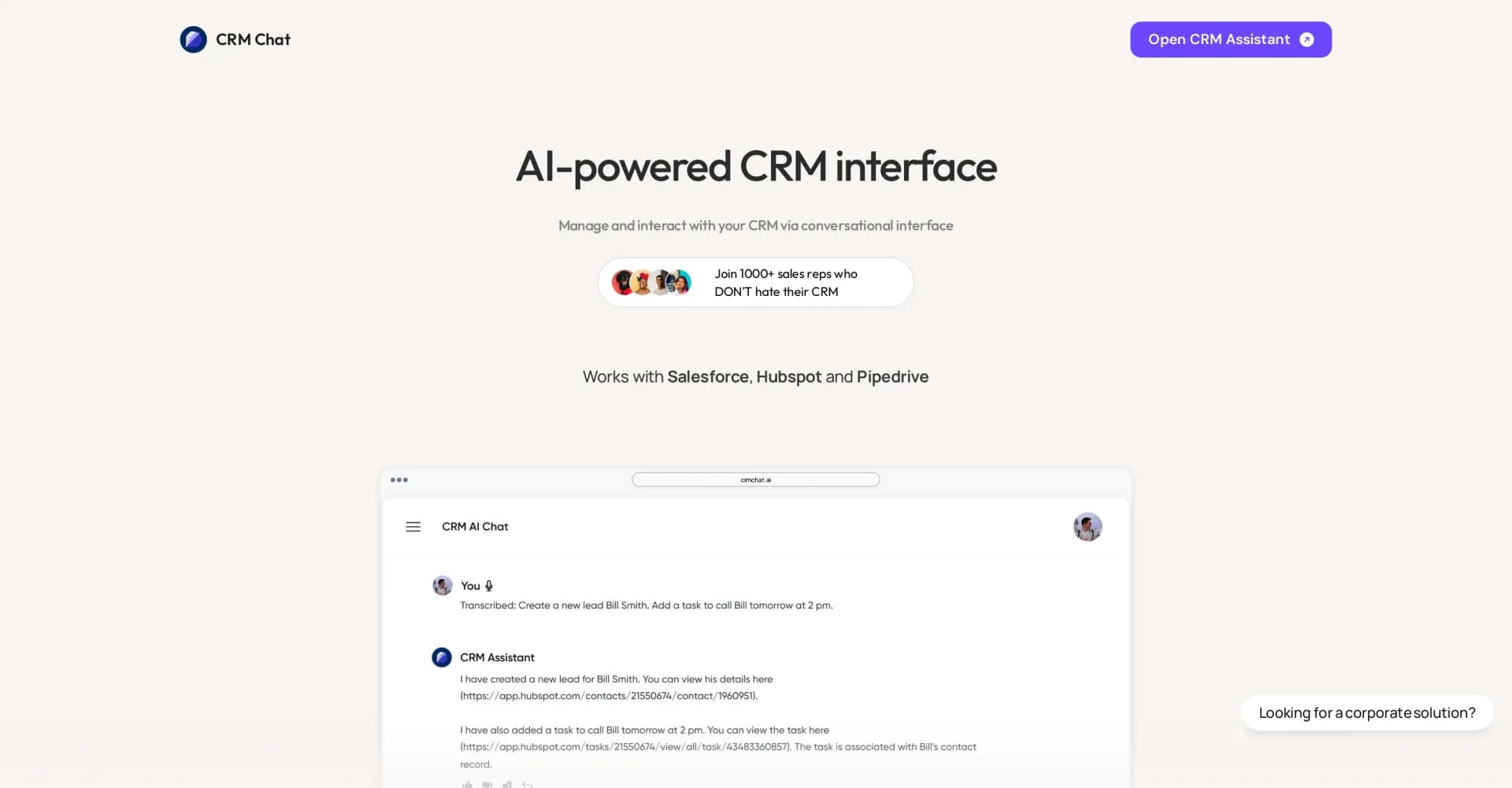 CRM Chat homepage screenshot — Manage your CRM through chat and voice.