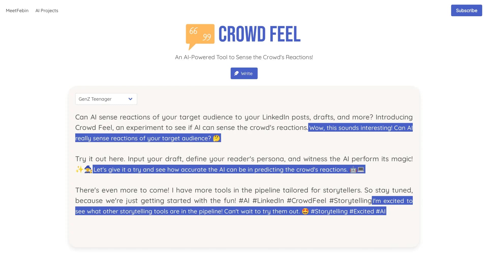 Crowd Feel homepage screenshot — Sense crowd reactions with AI
