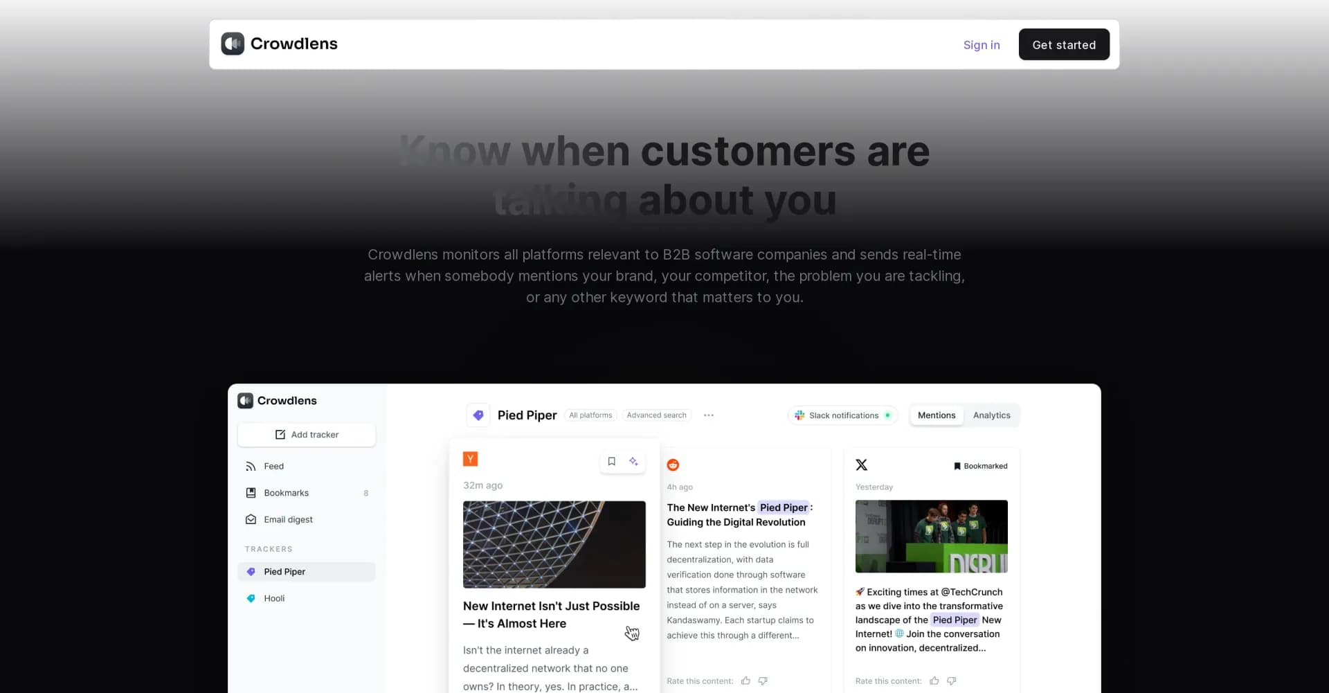 Crowdlens homepage screenshot — Real-time alerts for B2B brand mentions across the web.