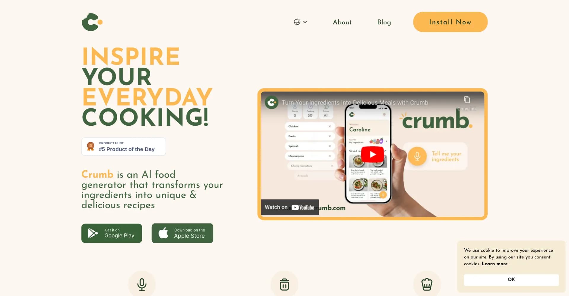 Crumb homepage screenshot — AI food generator: Your ingredients, unique recipes