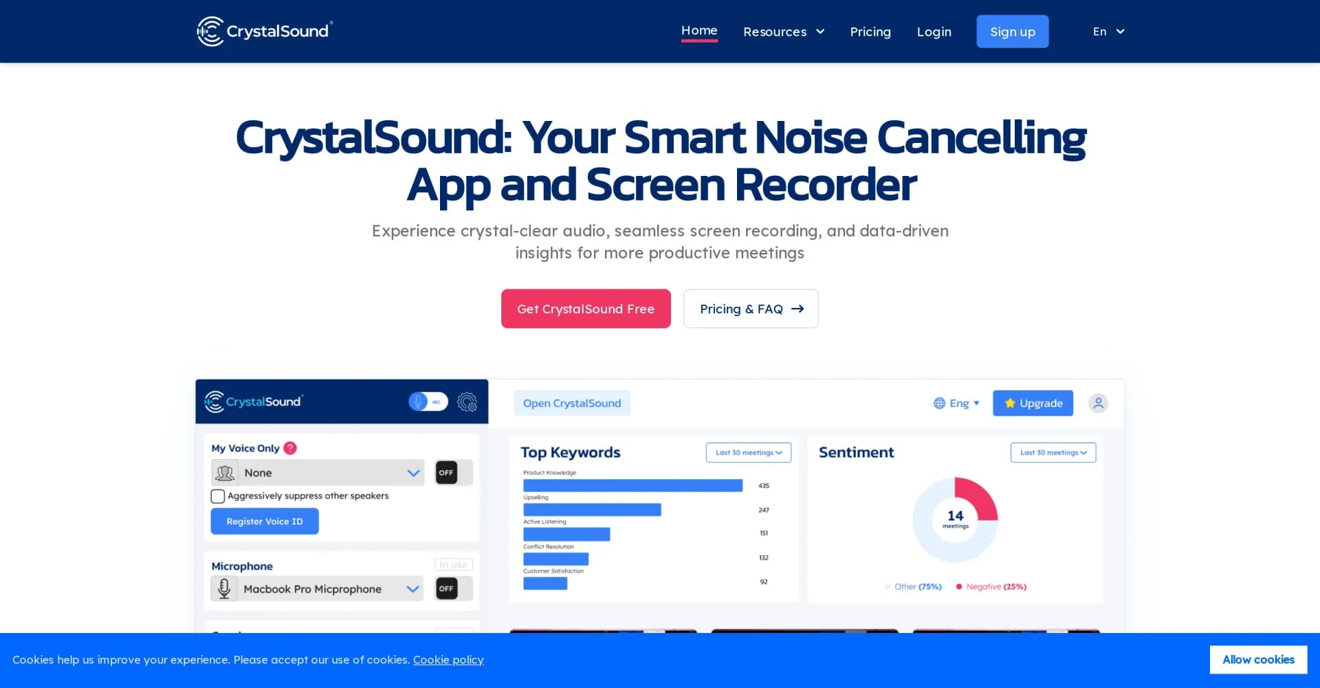 CrystalSound homepage screenshot — Isolate your voice, eliminate everything else.