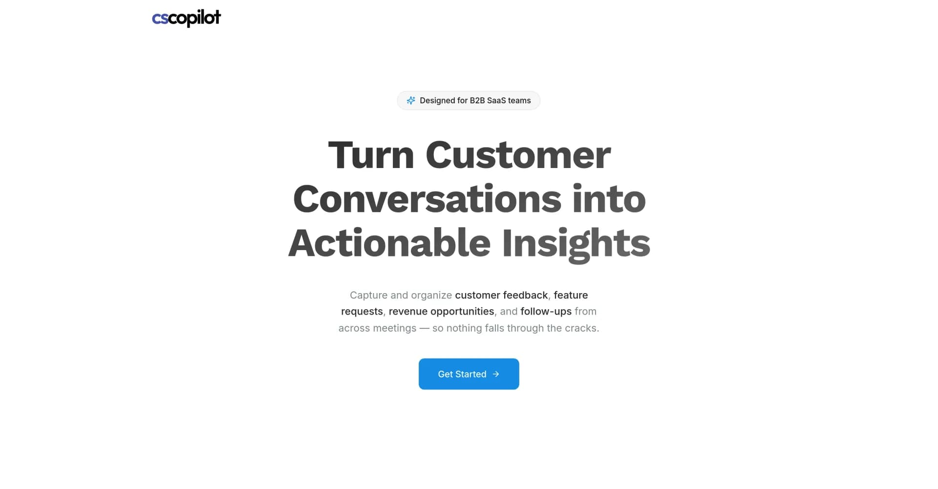 CSCopilot homepage screenshot — Turn customer conversations into actionable insights.