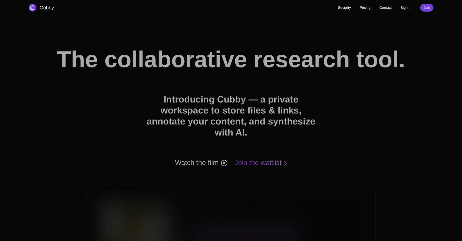 Cubby homepage screenshot — Transform research into collaborative insights.