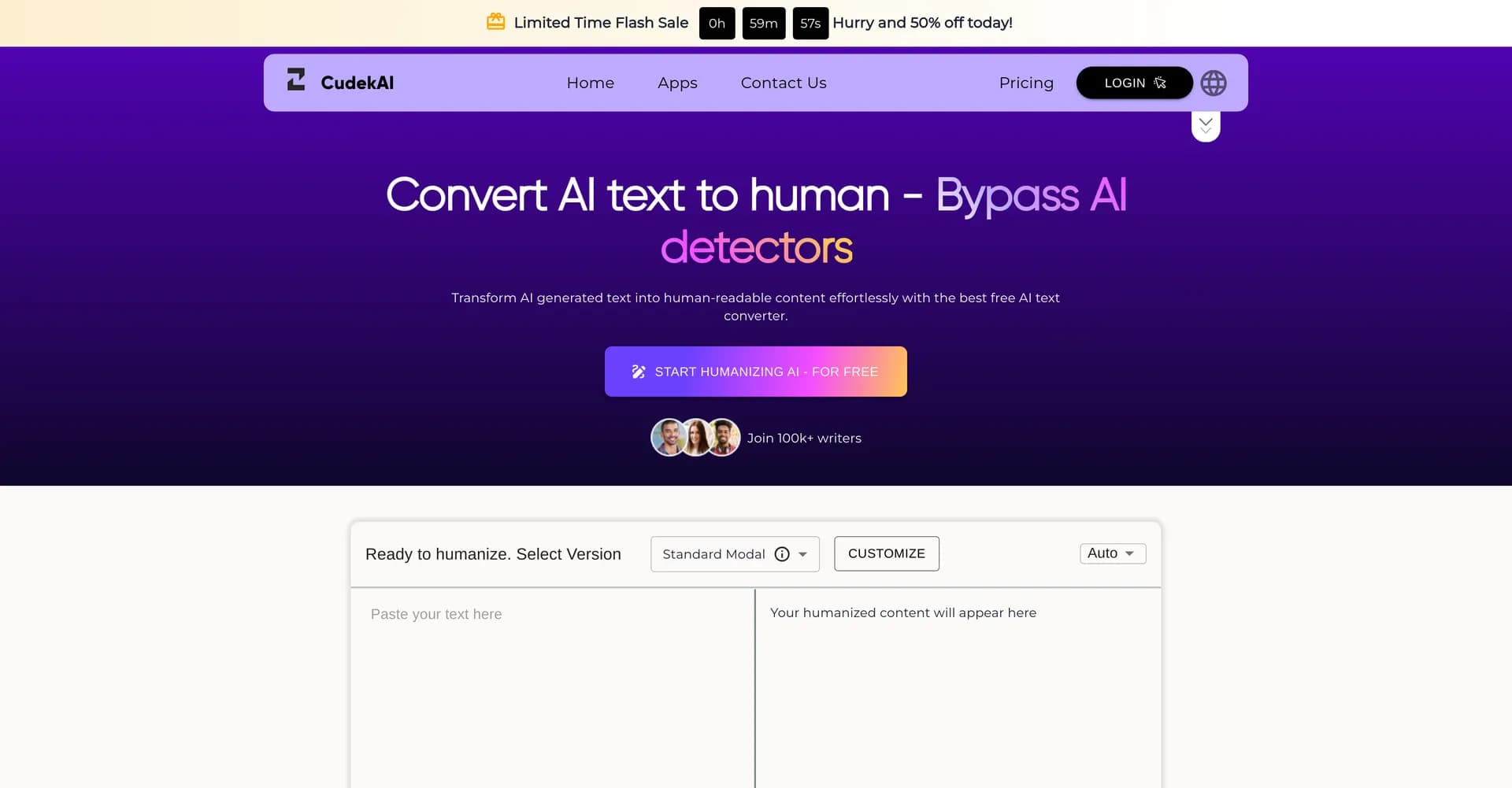 CudekAI homepage screenshot — Transform AI text into human-readable content effortlessly.