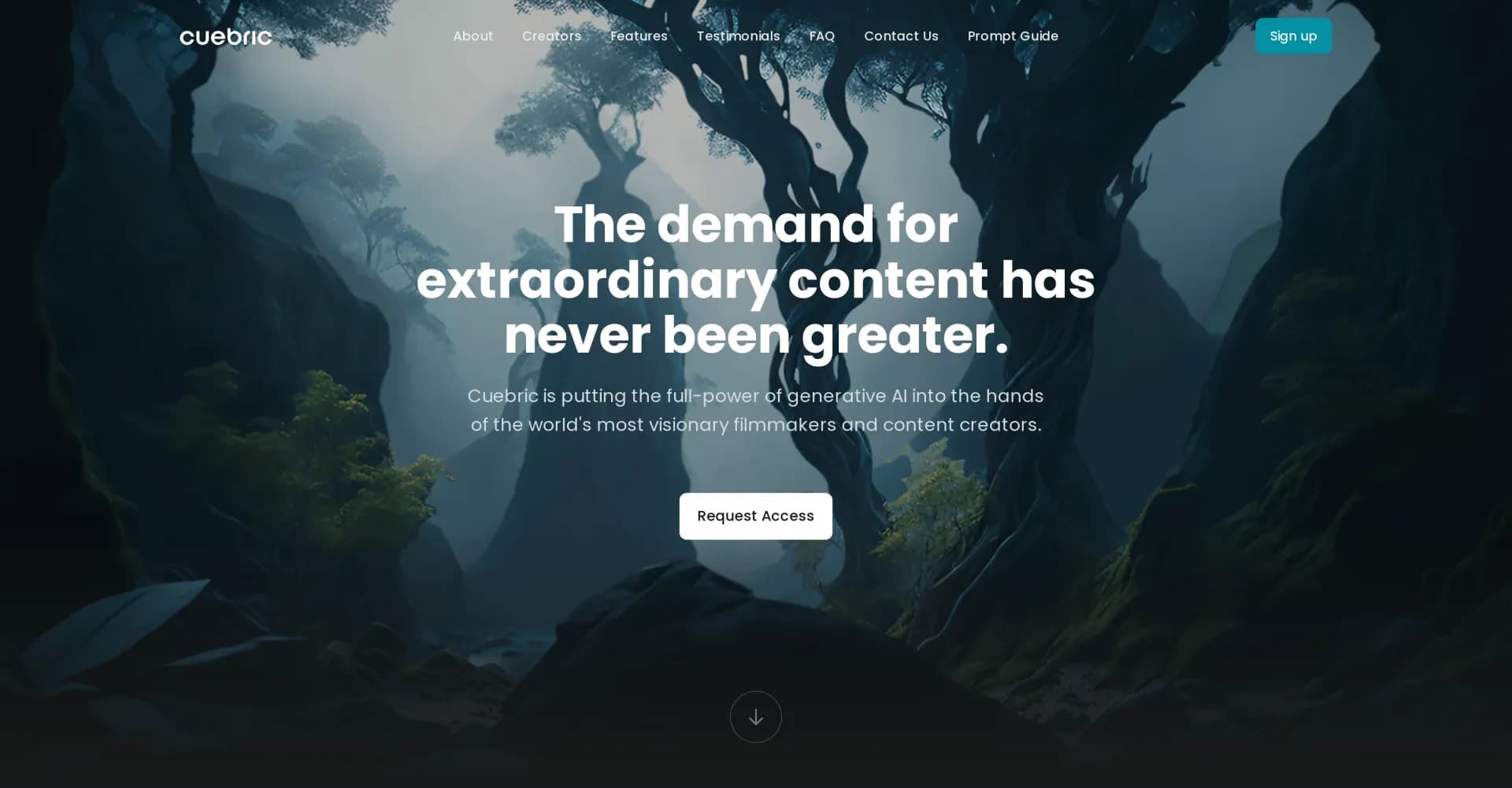 Cuebric homepage screenshot — From concept to camera in minutes with AI.