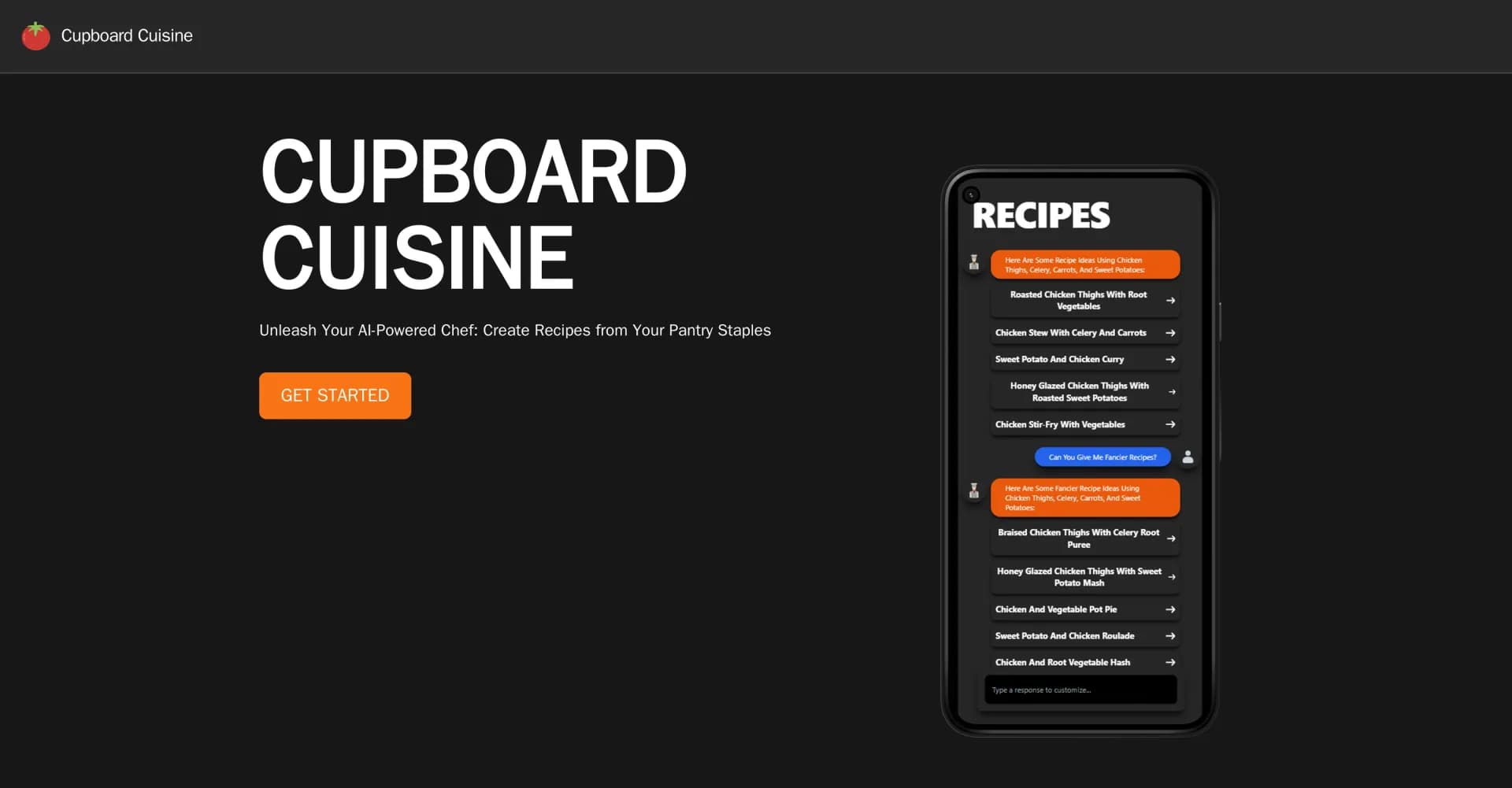 CupboardCuisine homepage screenshot — Generated pantry recipes for creative cooking.