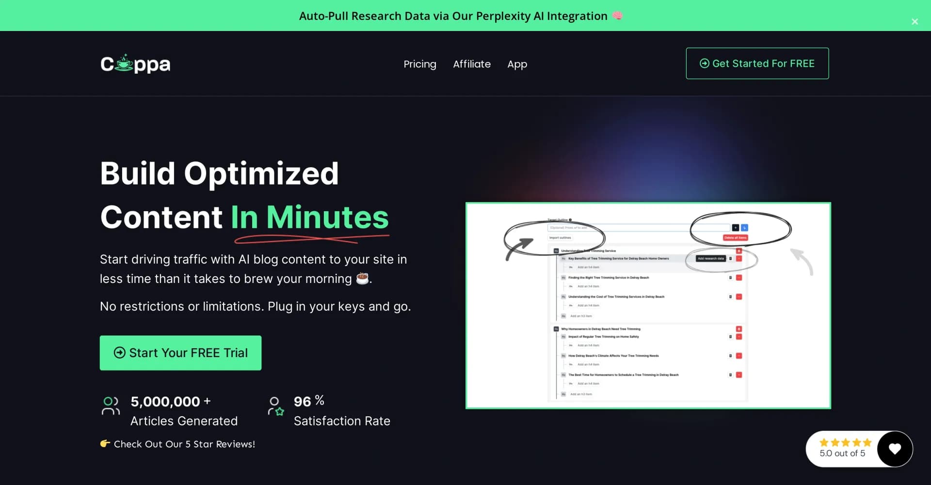 Cuppa homepage screenshot — Create SEO blog posts in the time it takes to drink coffee.