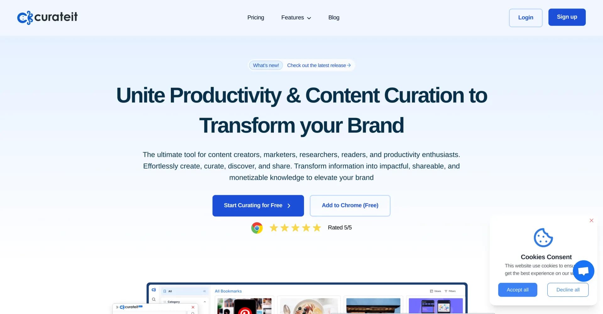 CurateIt homepage screenshot — Supercharge content curation and productivity 10x.