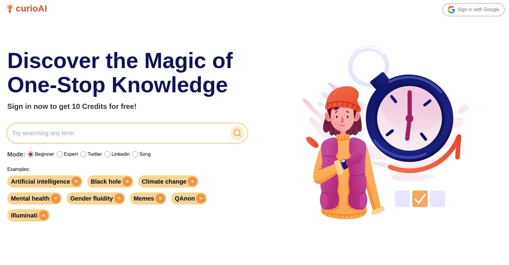 curioAI homepage screenshot — AI-powered answers and social media content generator