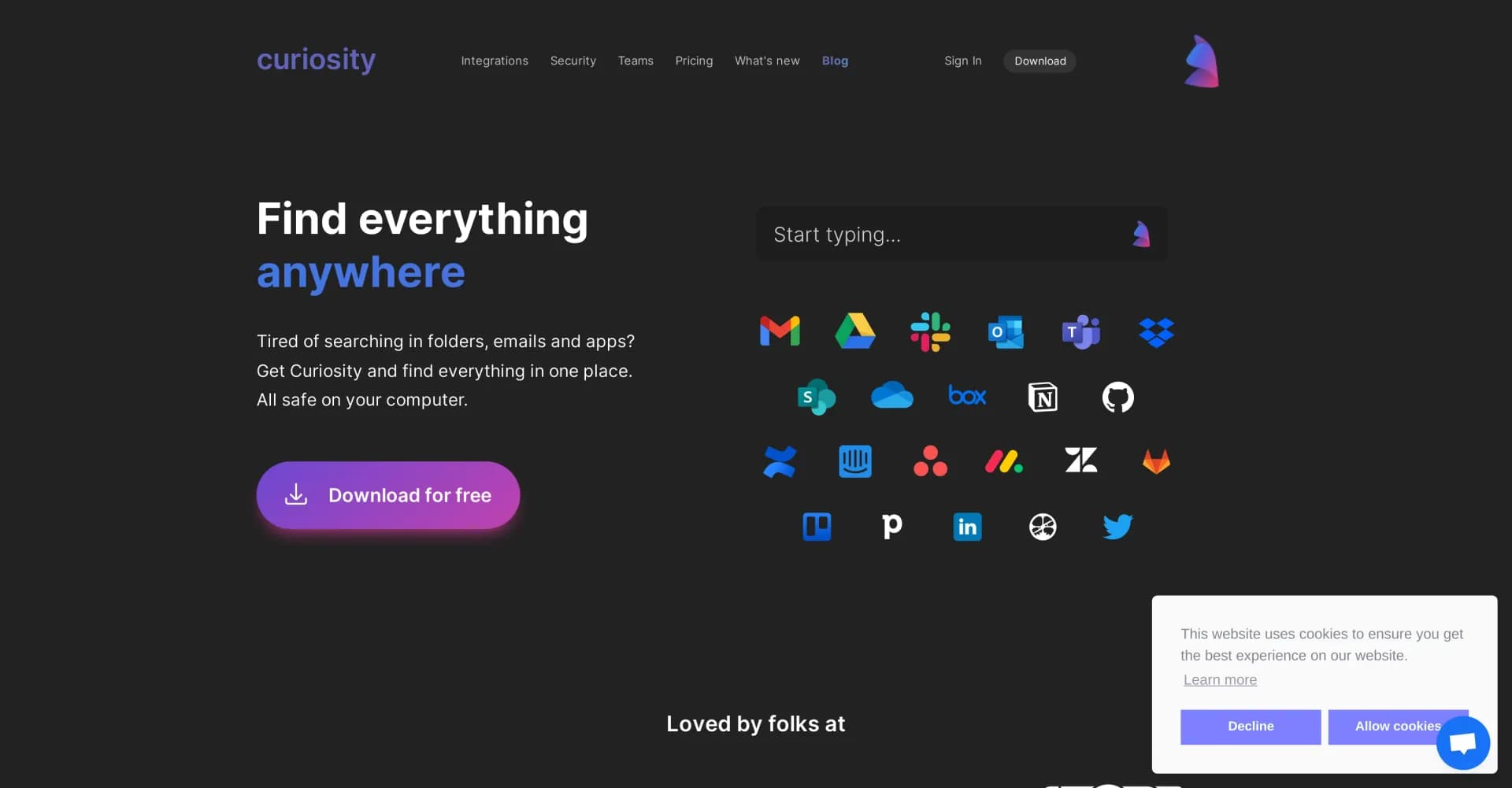 Curiosity.AI homepage screenshot — Search all your apps and files in one place.