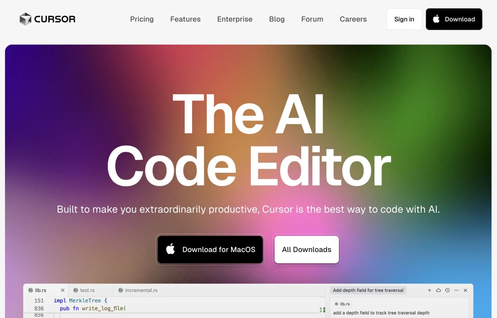 Cursorv0.48.6 homepage screenshot — AI-powered IDE for faster coding