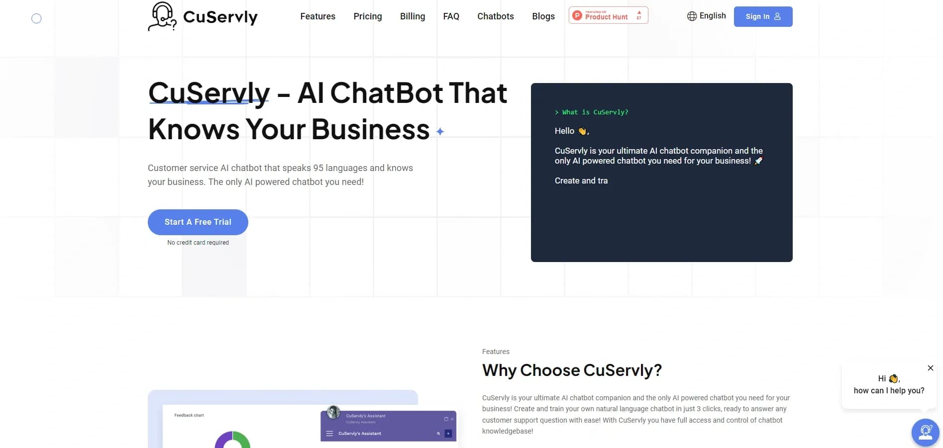 CuServly homepage screenshot — Your business's AI-powered chatbot companion.