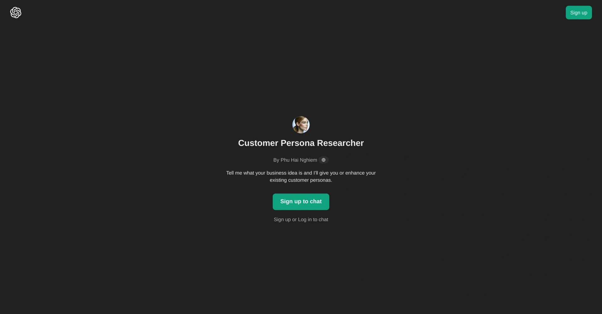 Customer Persona Researcher homepage screenshot — Craft customer personas from your business idea.