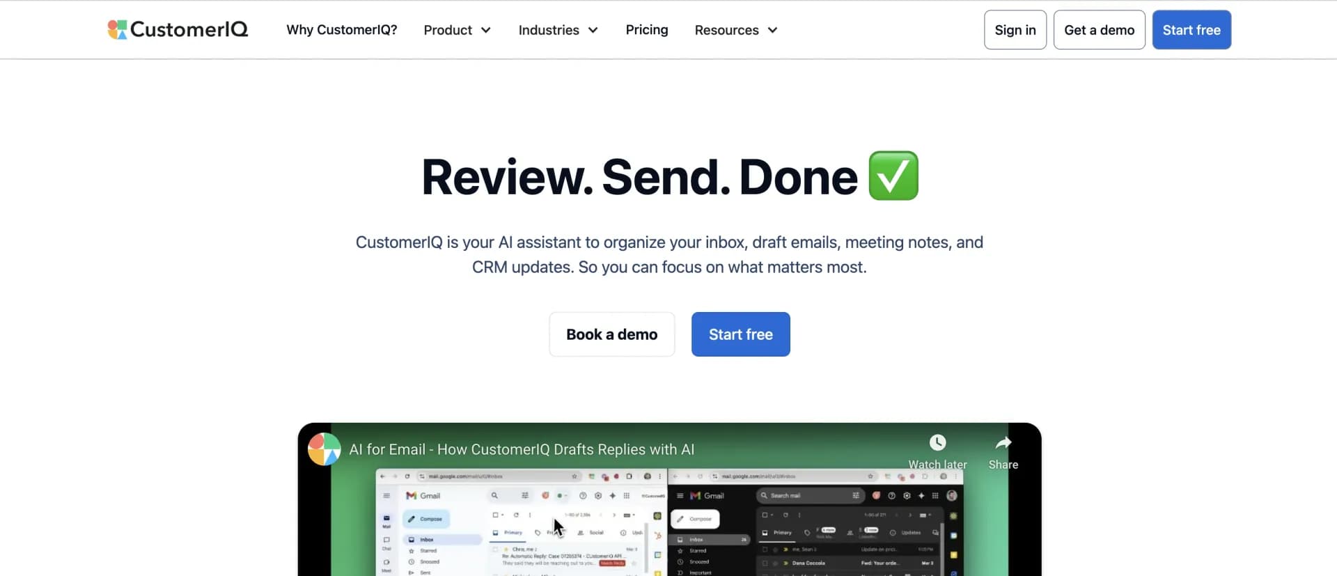 CustomerIQ2.0 homepage screenshot — Automate administrative work for sales and service teams