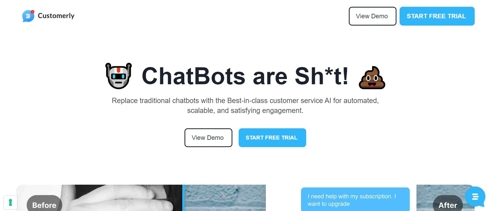 Customerly AI homepage screenshot — Elevate your customer service with AI-driven assistance.