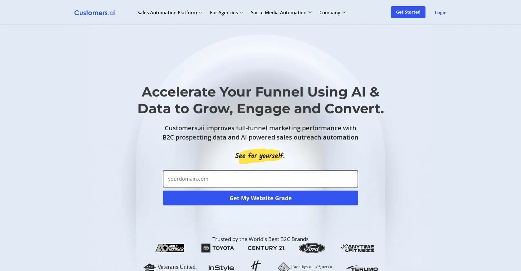 CustomersAI homepage screenshot — Find customers cost-effectively with AI-powered sales automa