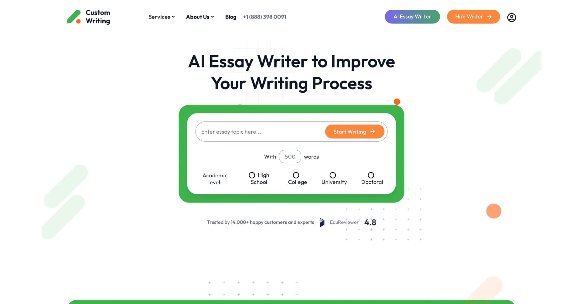 CustomWriting homepage screenshot — AI-powered essay writing with human editing