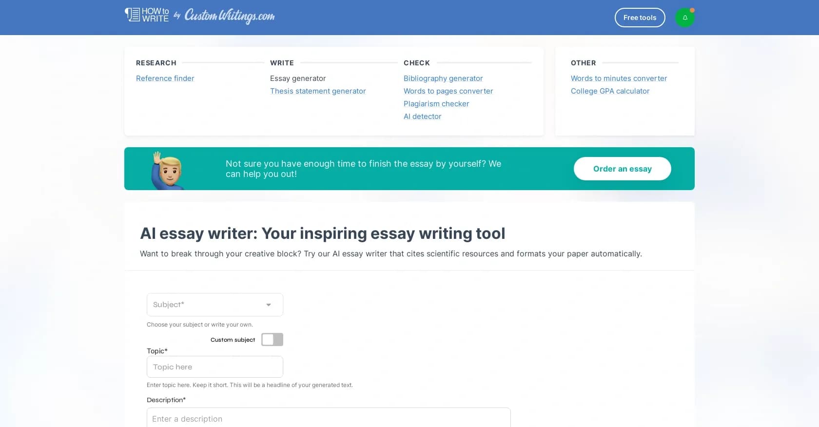 CustomWritings Essay homepage screenshot — AI-powered essay writing assistance at your fingertips