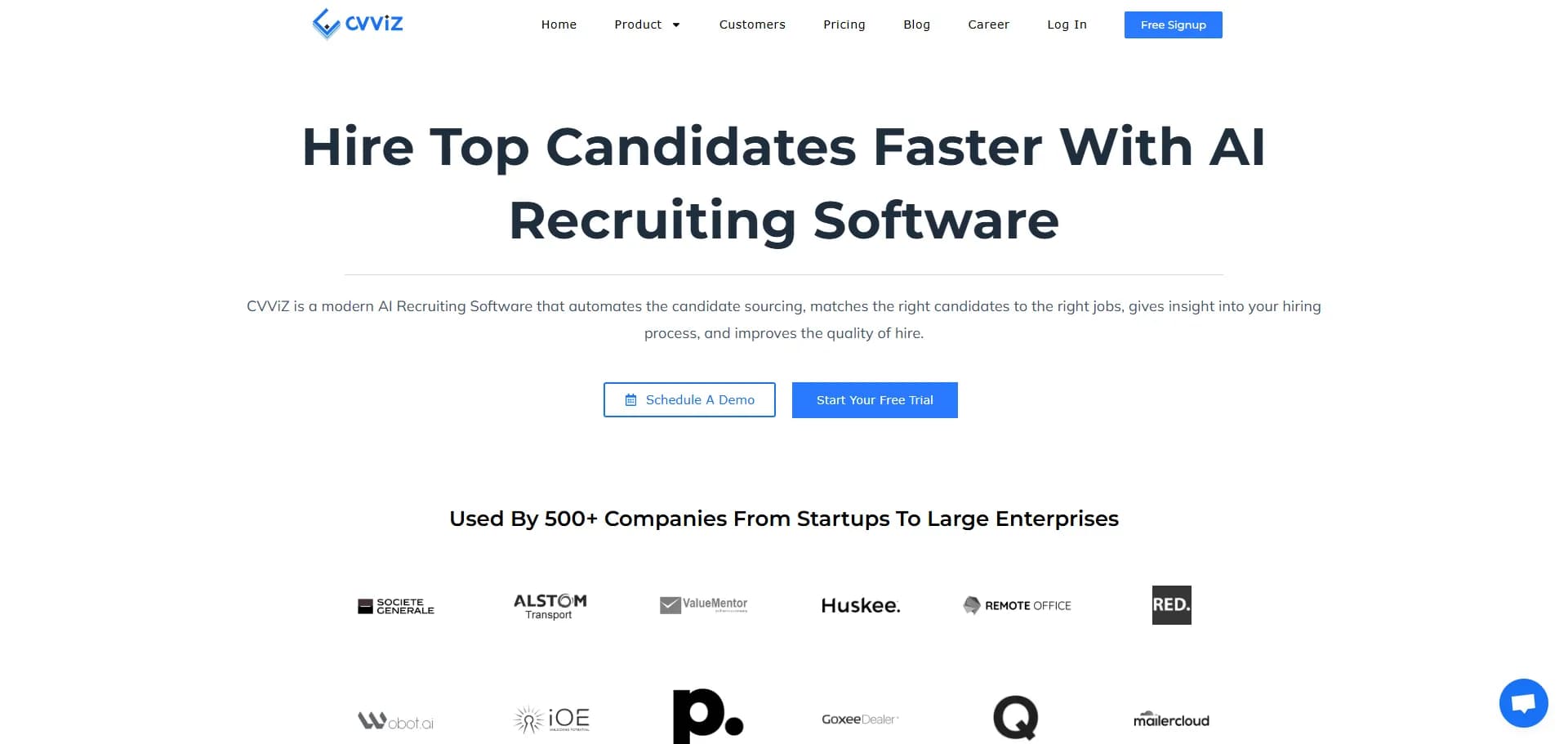 CVViZ homepage screenshot — AI recruiting software that supercharges your hiring.