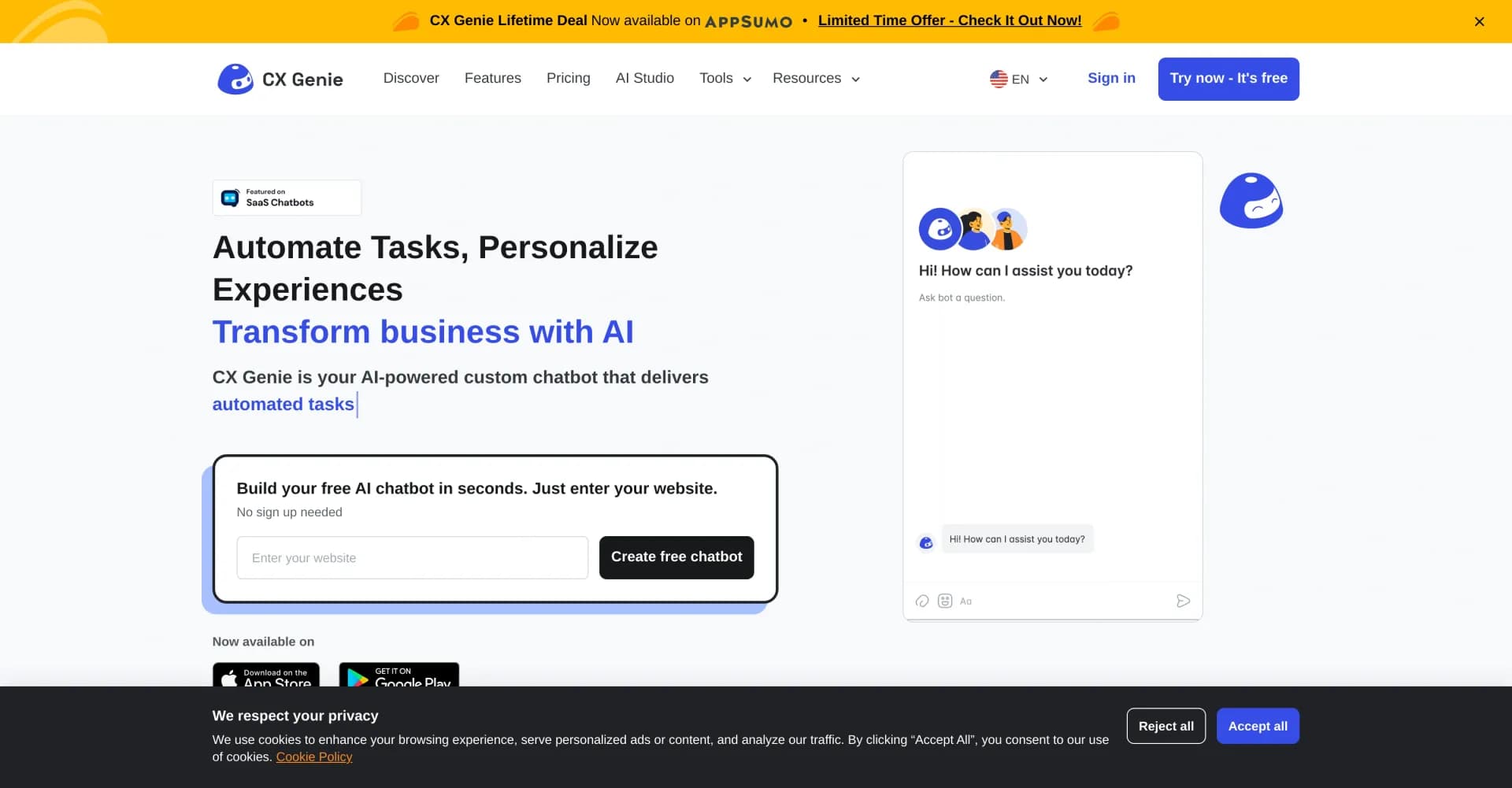 CX Genie homepage screenshot — AI-powered virtual agent for faster, tailored customer suppo