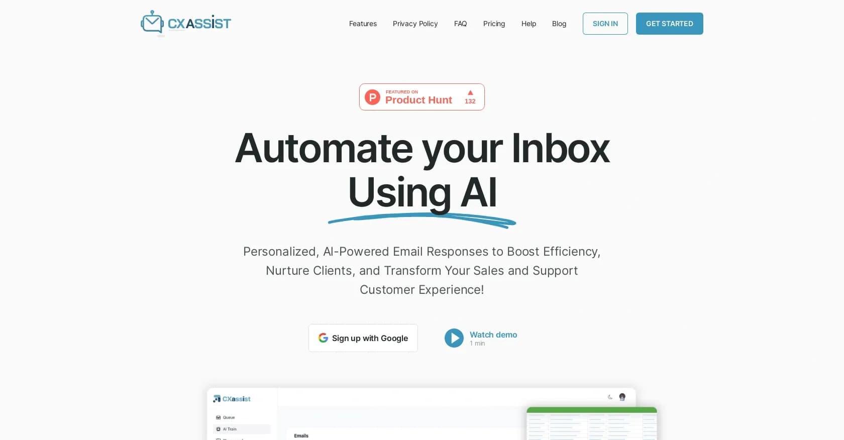 CXassist homepage screenshot — Put your inbox on autopilot with AI