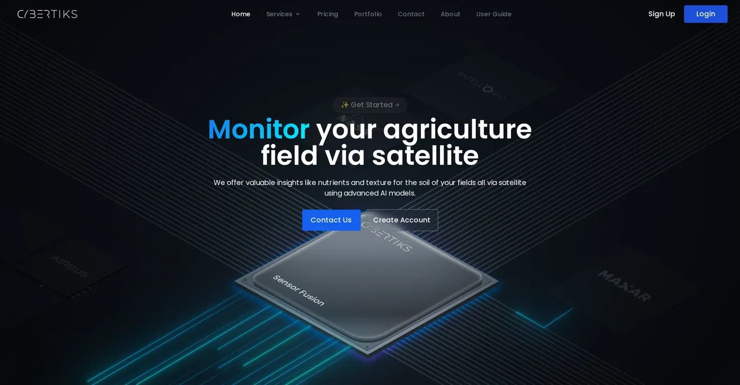 Cybertiks homepage screenshot — Monitor agriculture fields via satellite AI insights