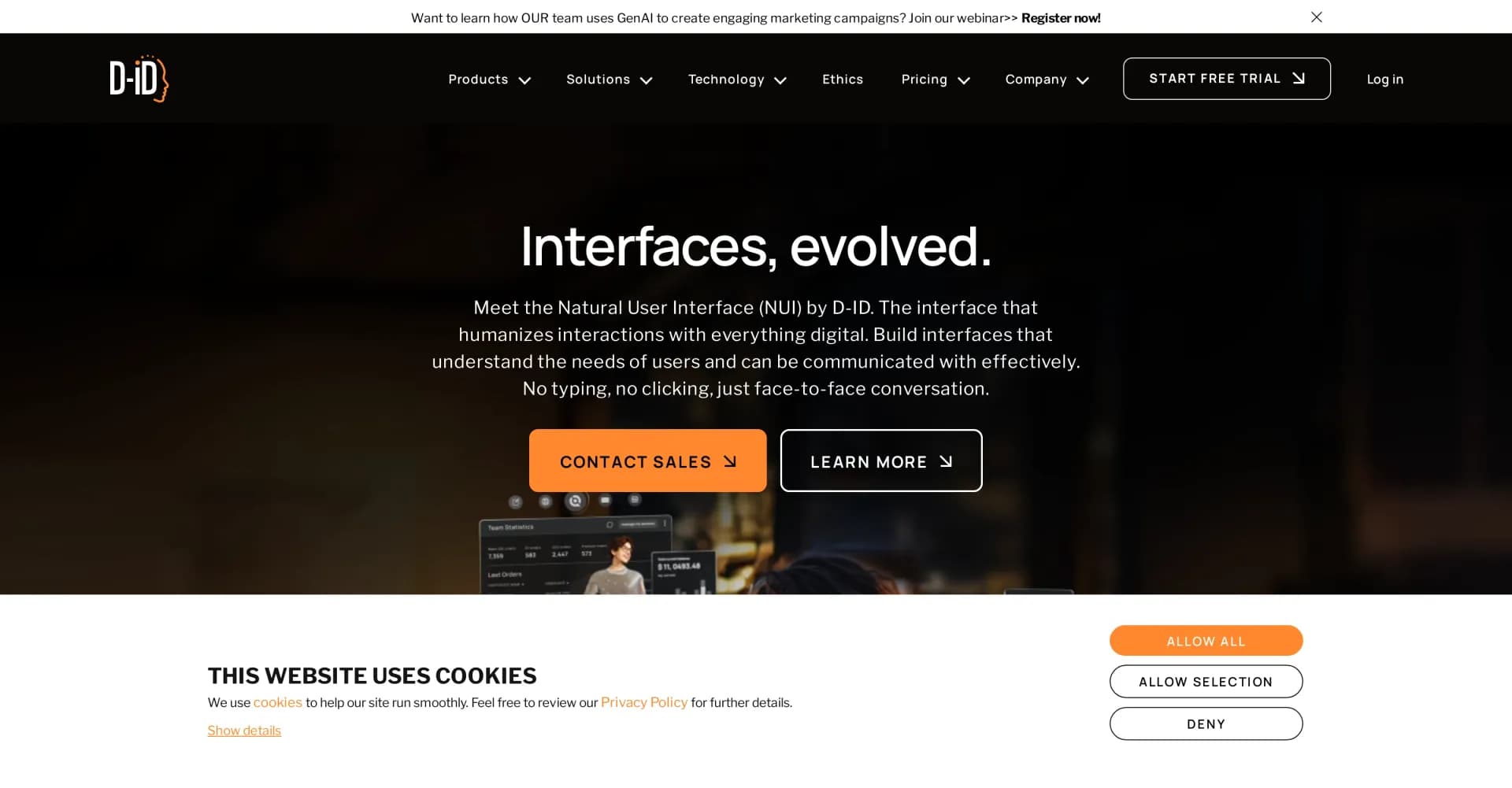 D-ID homepage screenshot — Create AI-generated videos with ease