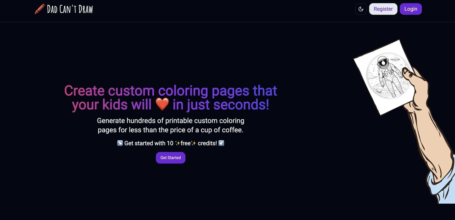 Dad Can't Draw homepage screenshot — Create custom coloring pages that your kids will love in jus