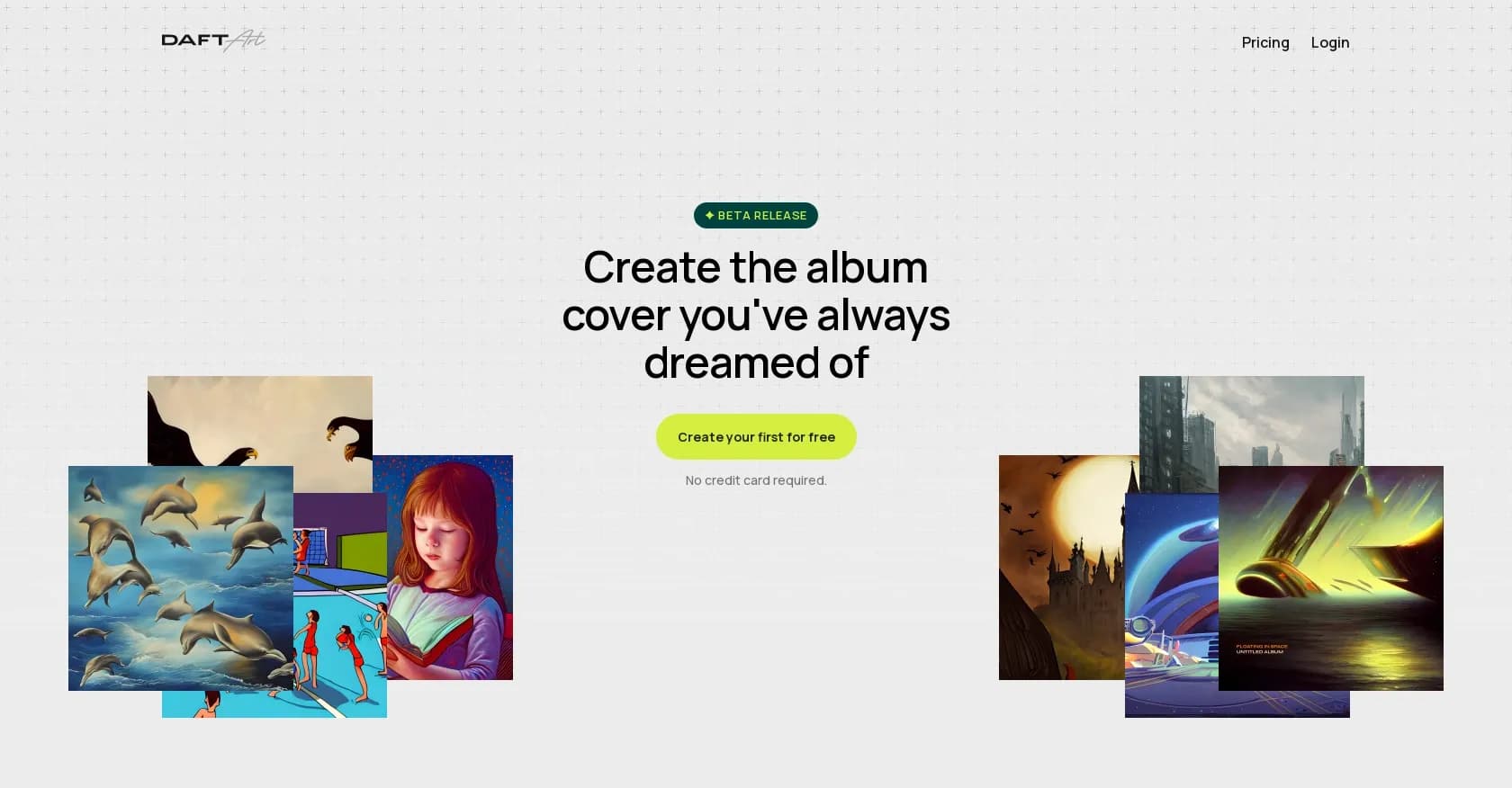 Daft Art homepage screenshot — Create stunning album covers in minutes with AI