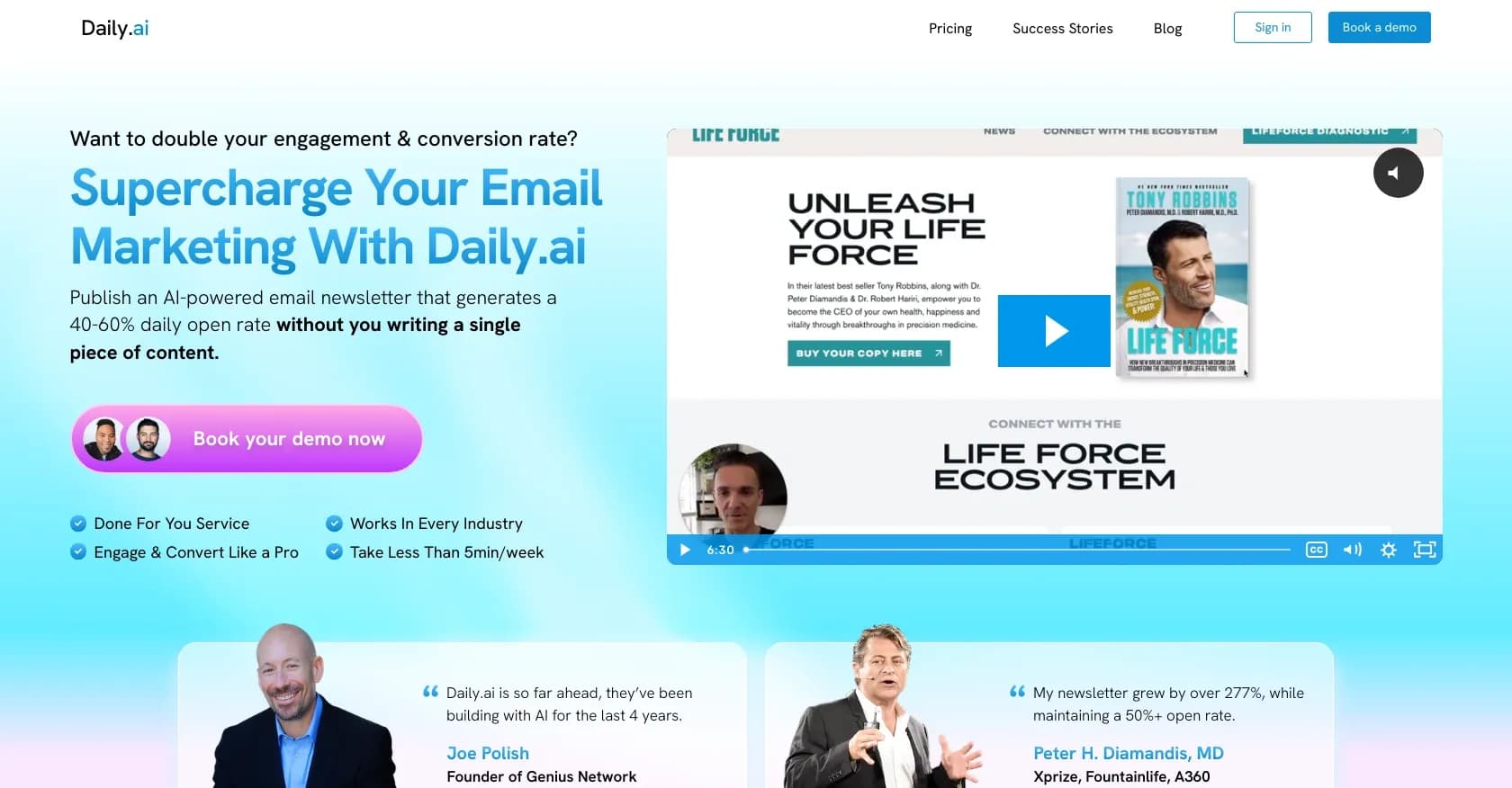 Daily.ai homepage screenshot — AI-powered newsletters that boost engagement without writing