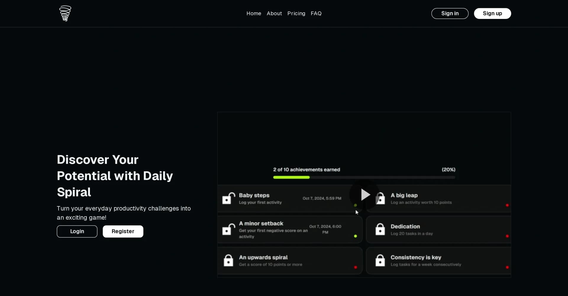 Daily Spiral homepage screenshot — Turn productivity into an exciting game.