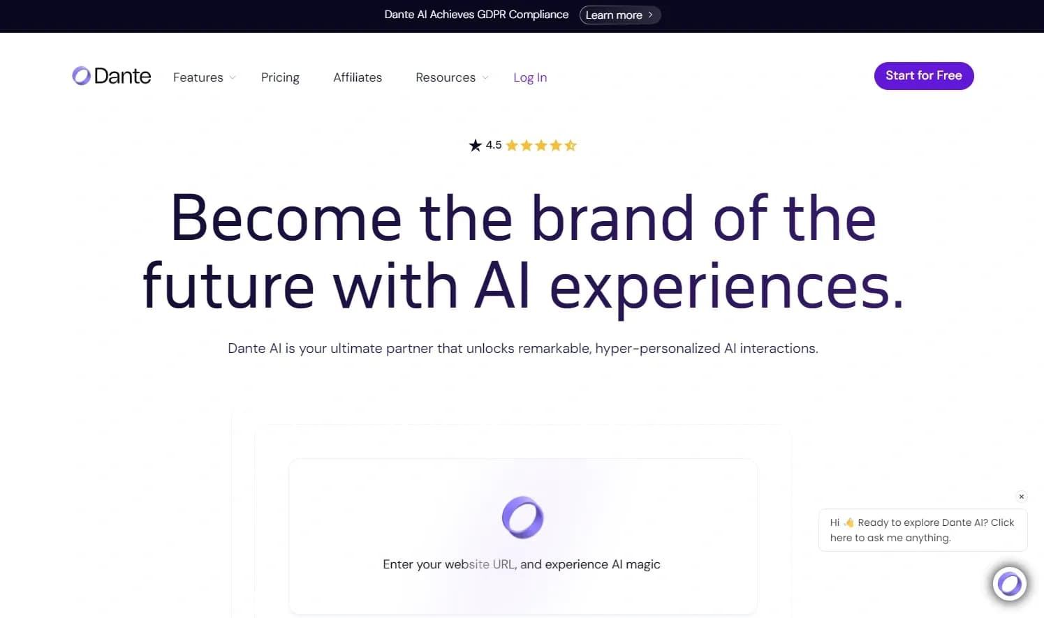 Dante AI homepage screenshot — AI chatbots trained on your data, zero code.