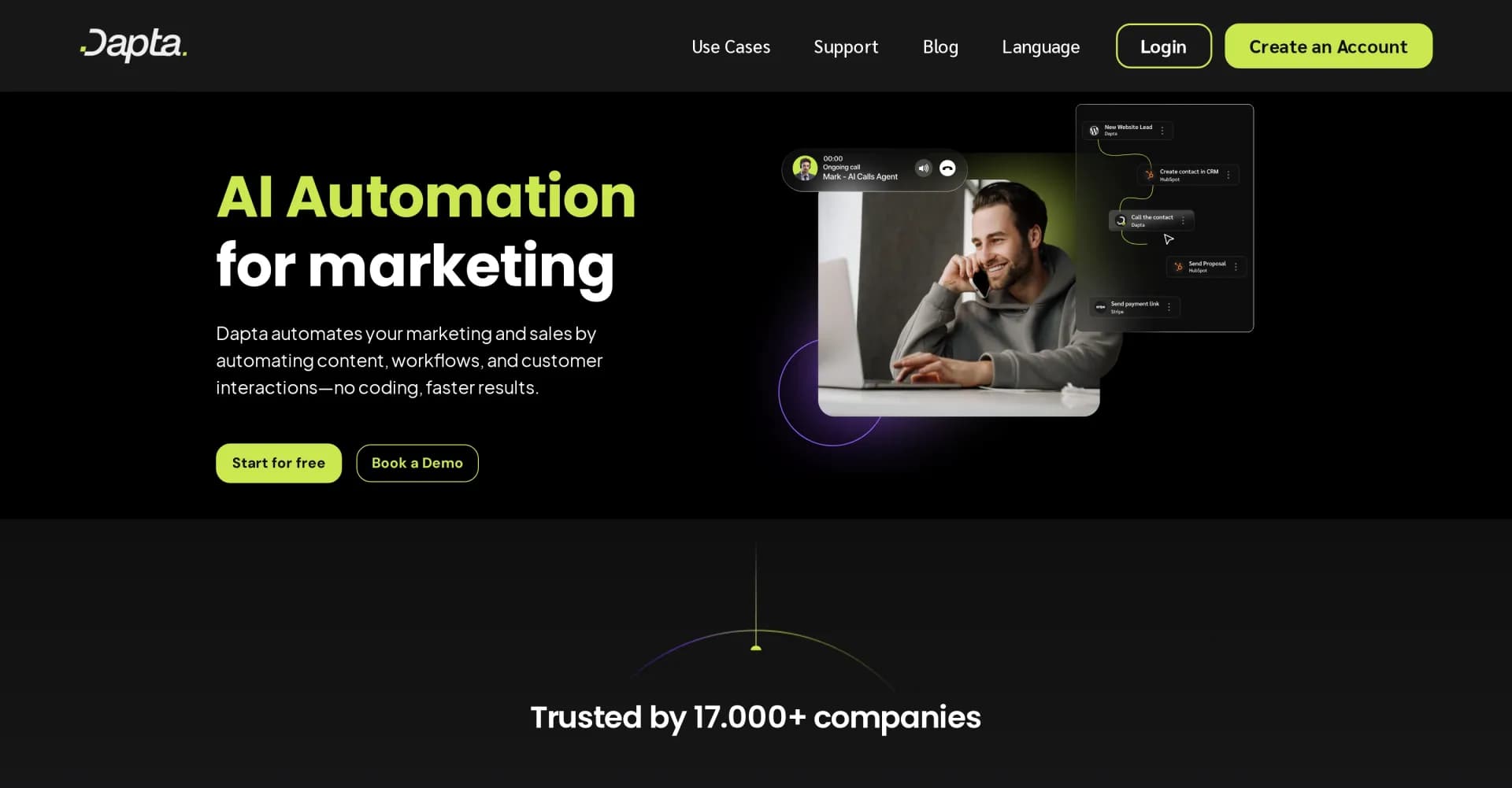 Dapta homepage screenshot — AI-powered marketing automation for faster results