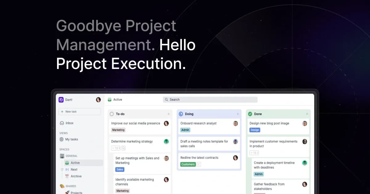 Dart homepage screenshot — Automated team productivity through project management.