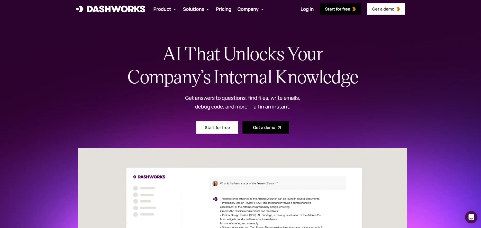 Dash AI homepage screenshot — AI that unlocks your company's internal knowledge.