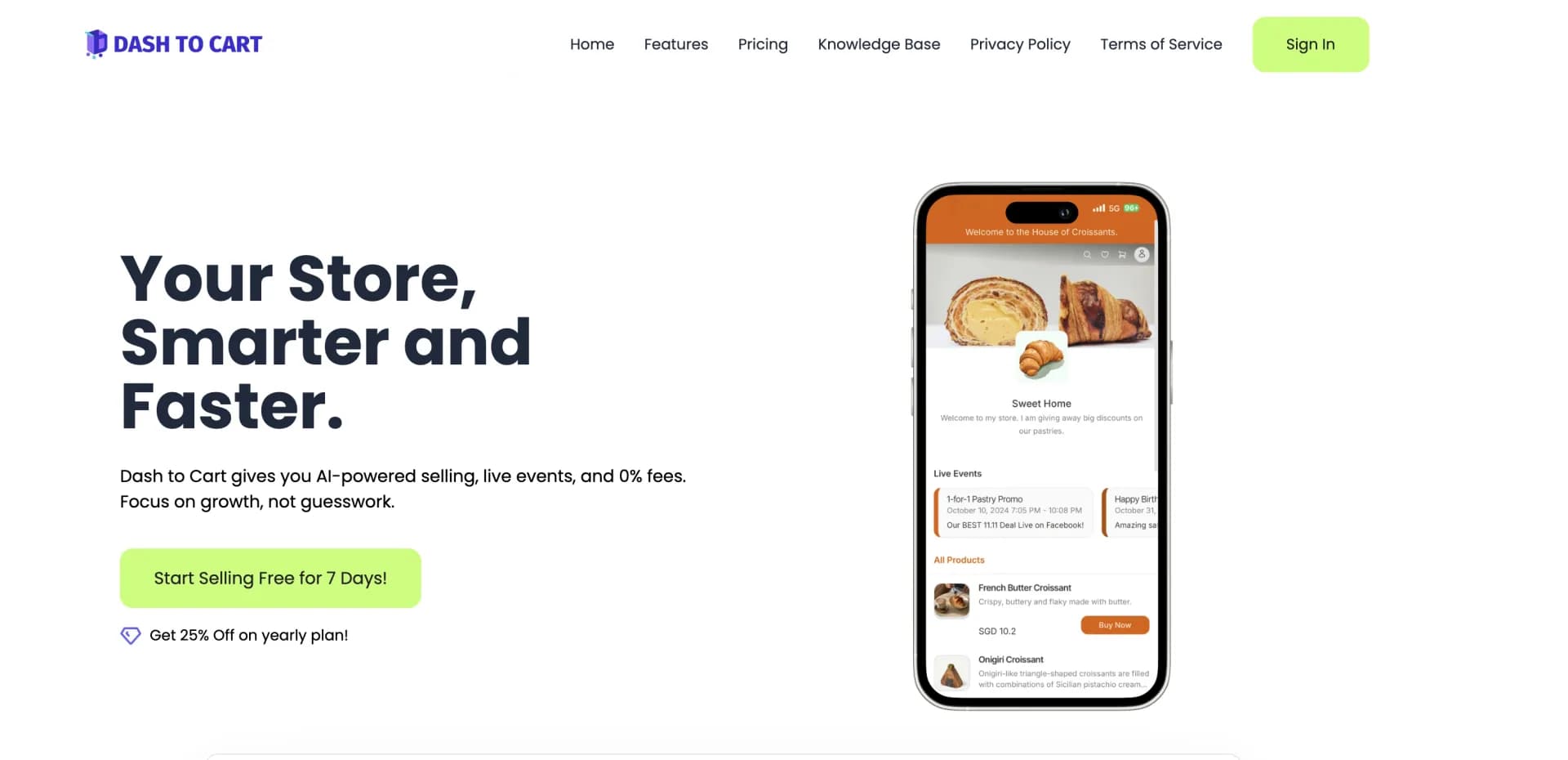 Dash to Cart homepage screenshot — AI-powered eCommerce with 0% fees
